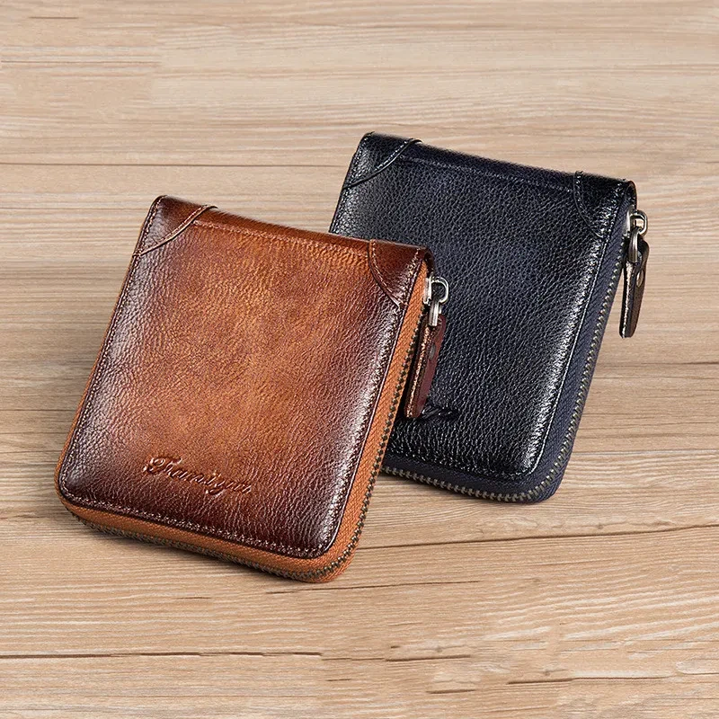 First Layer Cowhide Zipper Card Holder Driver's License Wallet