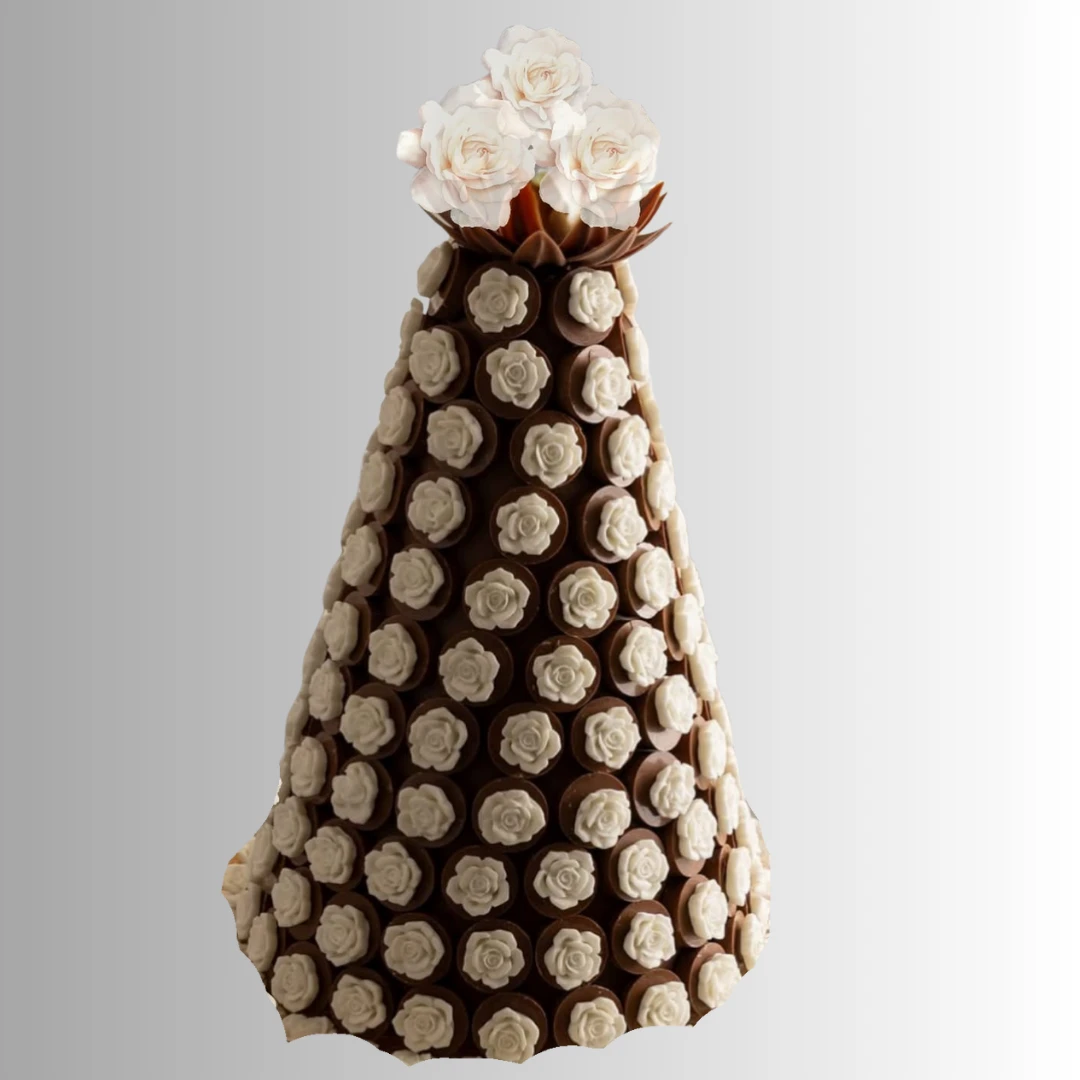 Luxury Chocolate Tower Decorated with White Chocolate Flowers – Elegant Art Piec
