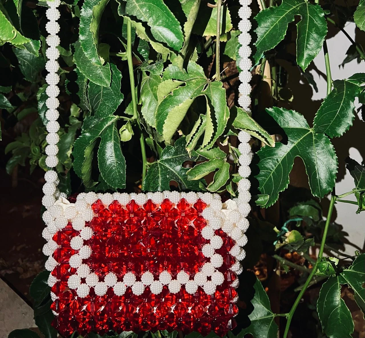 Handmade Red & White Beaded Handbag | Elegant & Bold Design | Medium Size (14×22