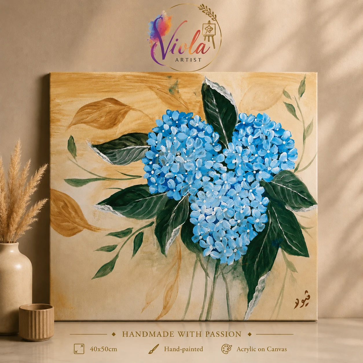 Blue Hydrangea Floral Canvas Art | Hand-Painted | 40×50 cm | By Viola Artist