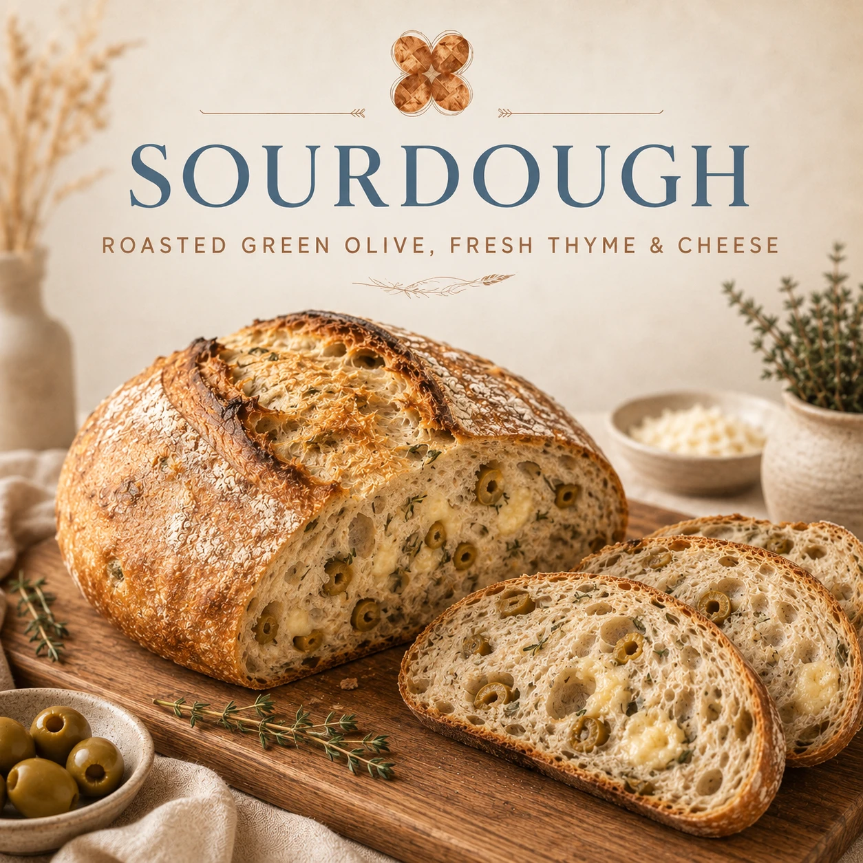 Roasted Green Olive, Fresh Thyme & Cheese Sourdough