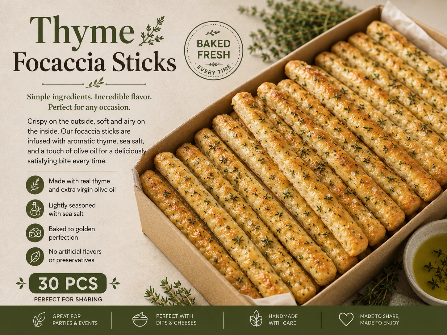 Thyme Focaccia Sticks – 30 Pieces