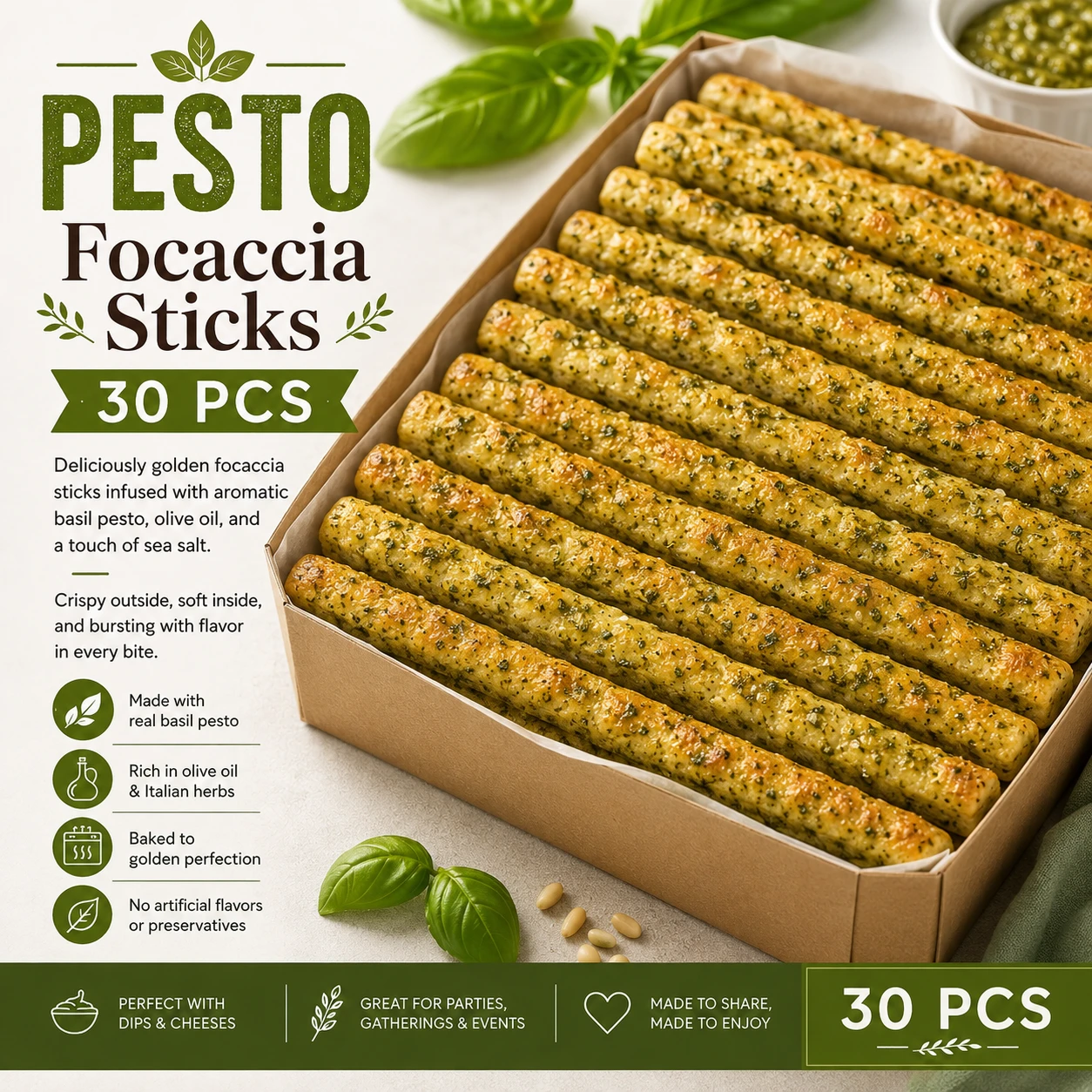 Pesto Focaccia Sticks – 30 Pieces