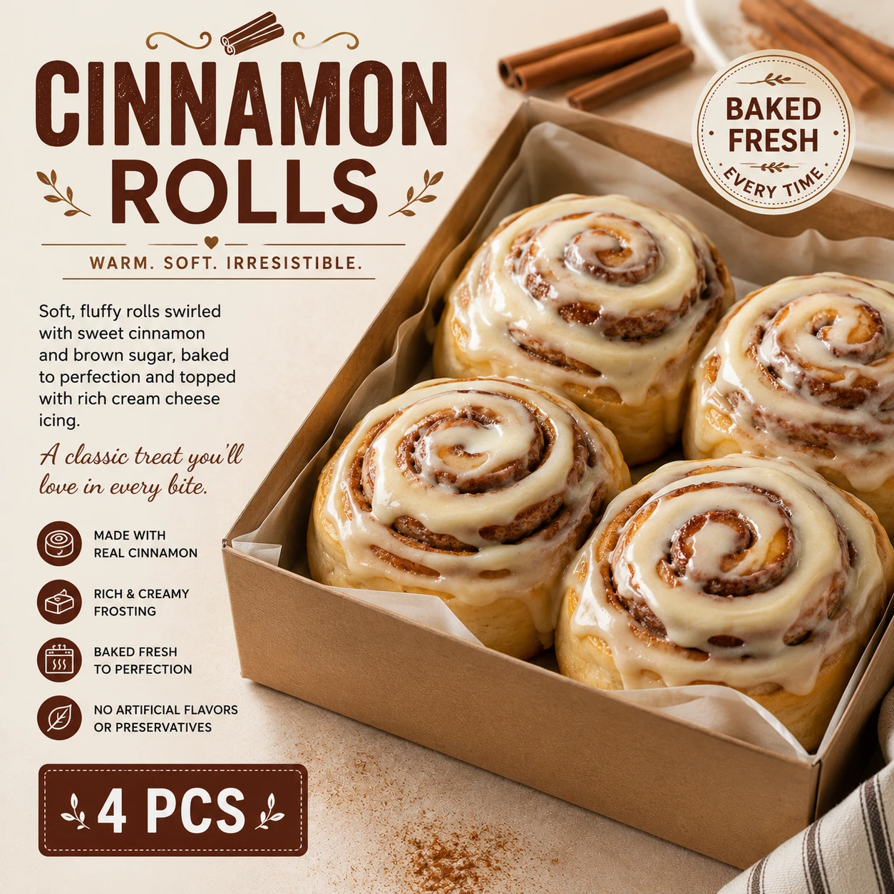 Cinnamon Rolls with Cream Cheese Frosting – 4 Pieces