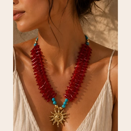 Red and Turquoise Statement Necklace with Golden Sun Pendant