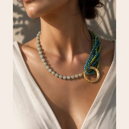 Asymmetrical Blue and Green Beaded Necklace with Golden Ring