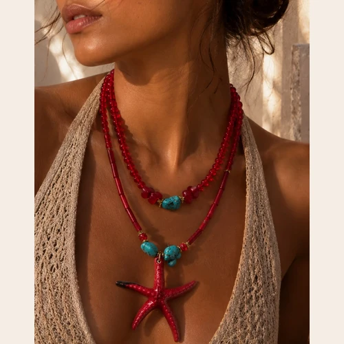 Layered Red Necklace with Turquoise Stones and Starfish Pendant