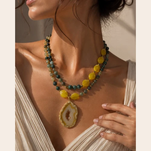 Yellow and Green Double-Layer Necklace with Natural Stone Pendant