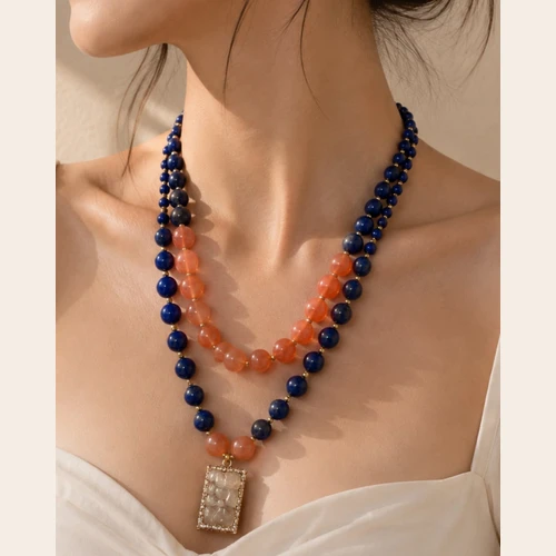 Blue and Orange Double-Layer Necklace with Rectangular Pendant