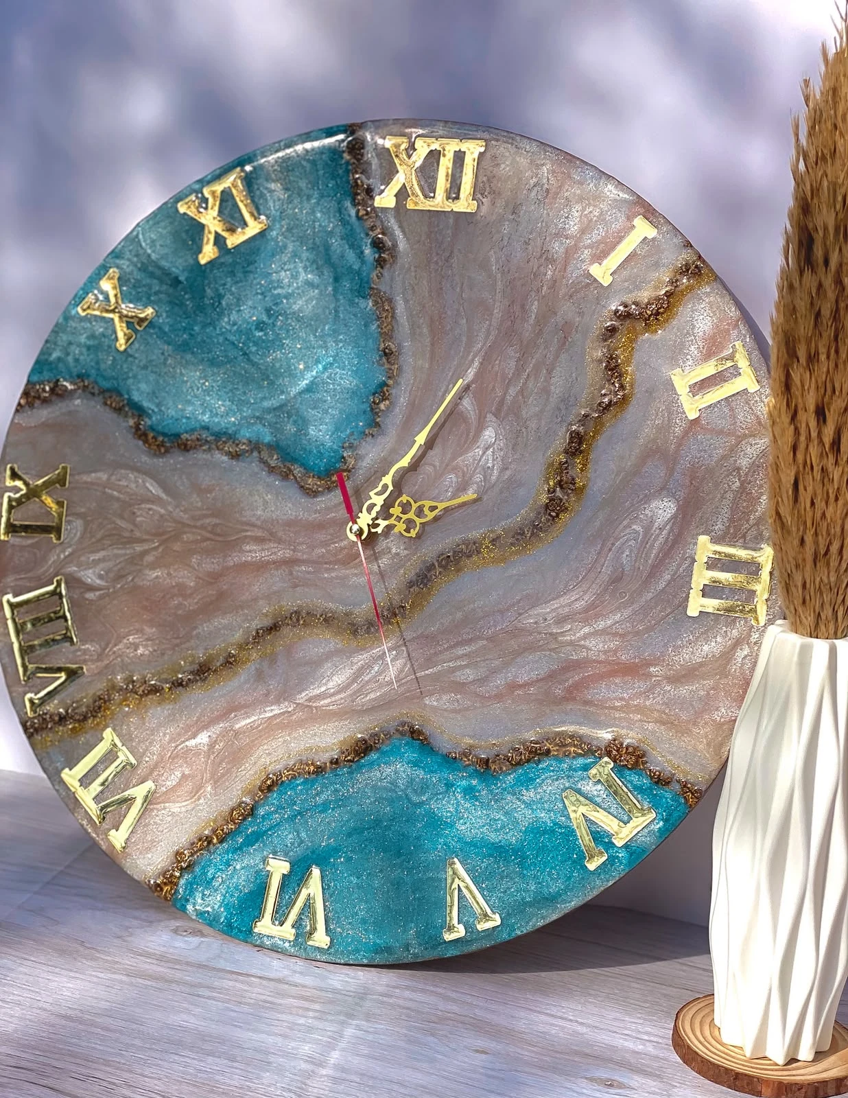 Turquoise & Pearl Epoxy Resin Wall Clock