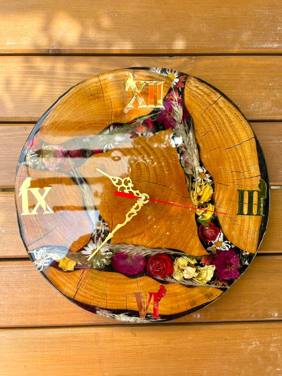 Natural Wood & Dried Flowers Wall Clock