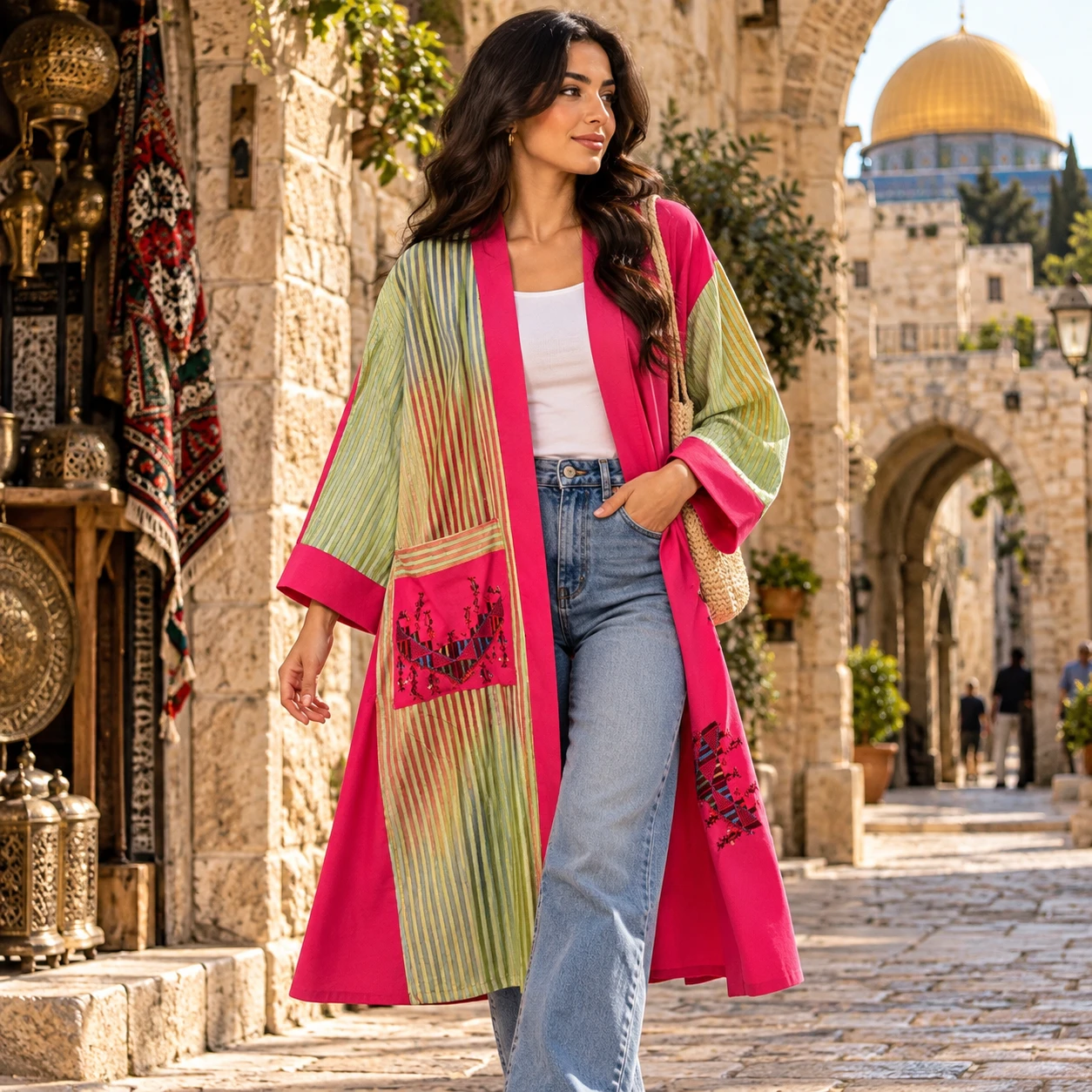 Orange Palestinian Kimono with Hand-Embroidered Gaza Patterns