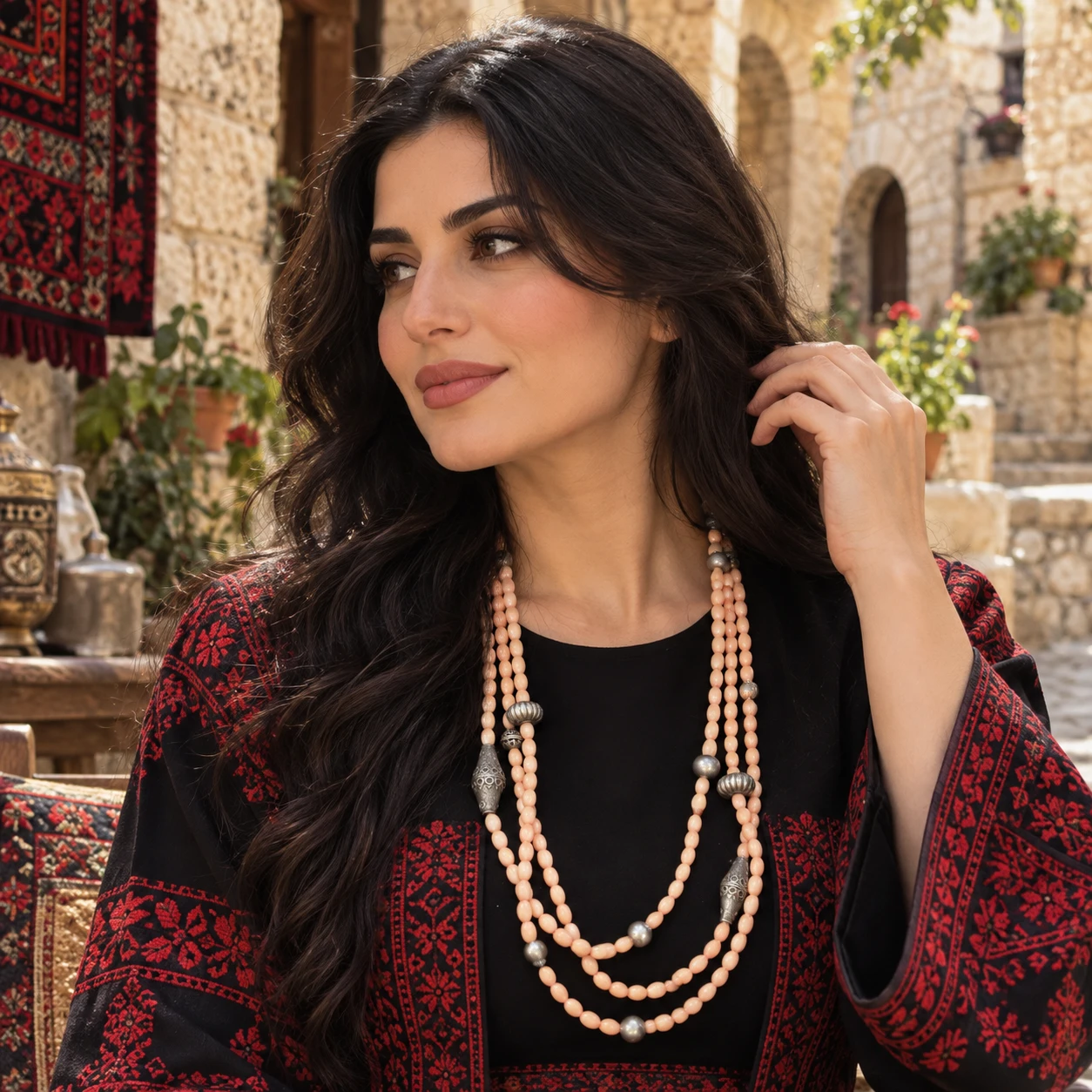 Three-Strand Rose Coral Necklace with Alexandrian Silver
