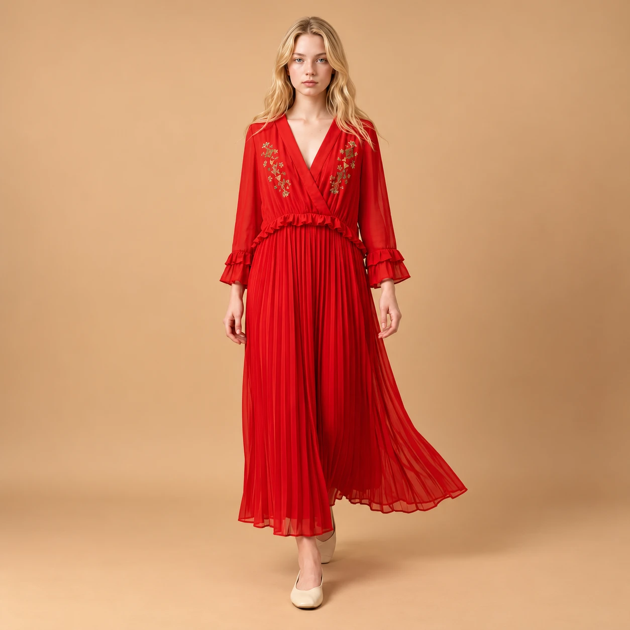 Elegant Red Maxi Dress with Hand Embroidery – Size 46
