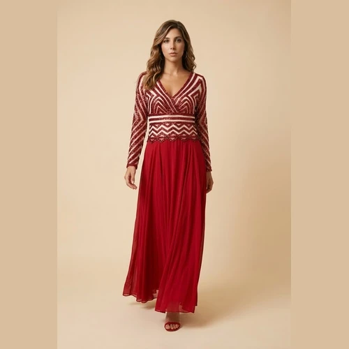 Pre-Loved Red Sequin Evening Maxi Dress – Size 44