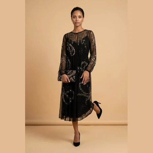 Pre-Loved Black & Gold Embellished Midi Dress – Size 48