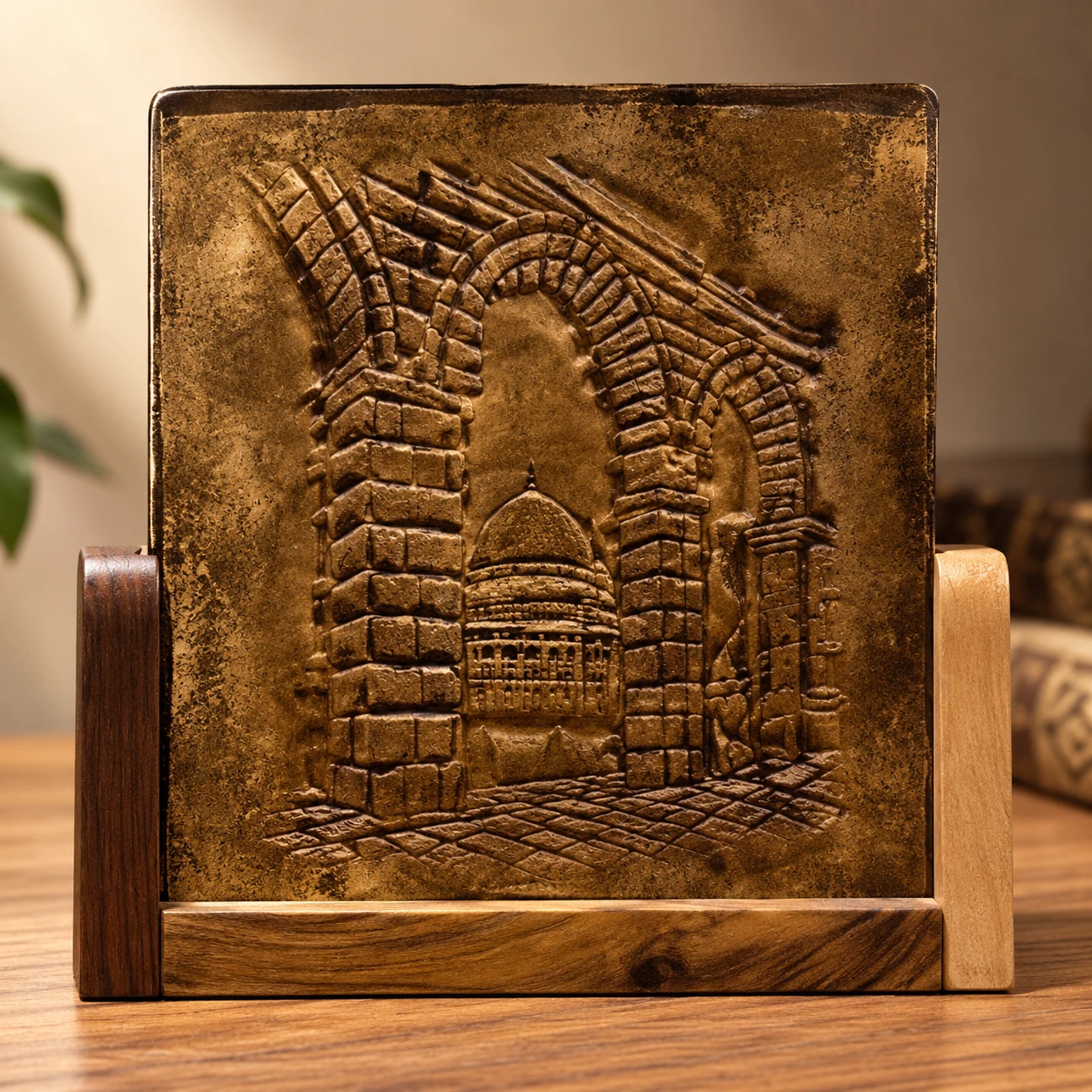 Handcrafted Embossed Leather Heritage Art with Wooden Base